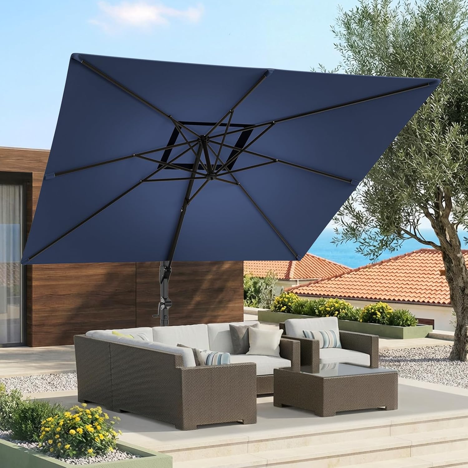 Cantilever Offset Patio Umbrella with Base 360° Rotation, 6 Tilt Positions