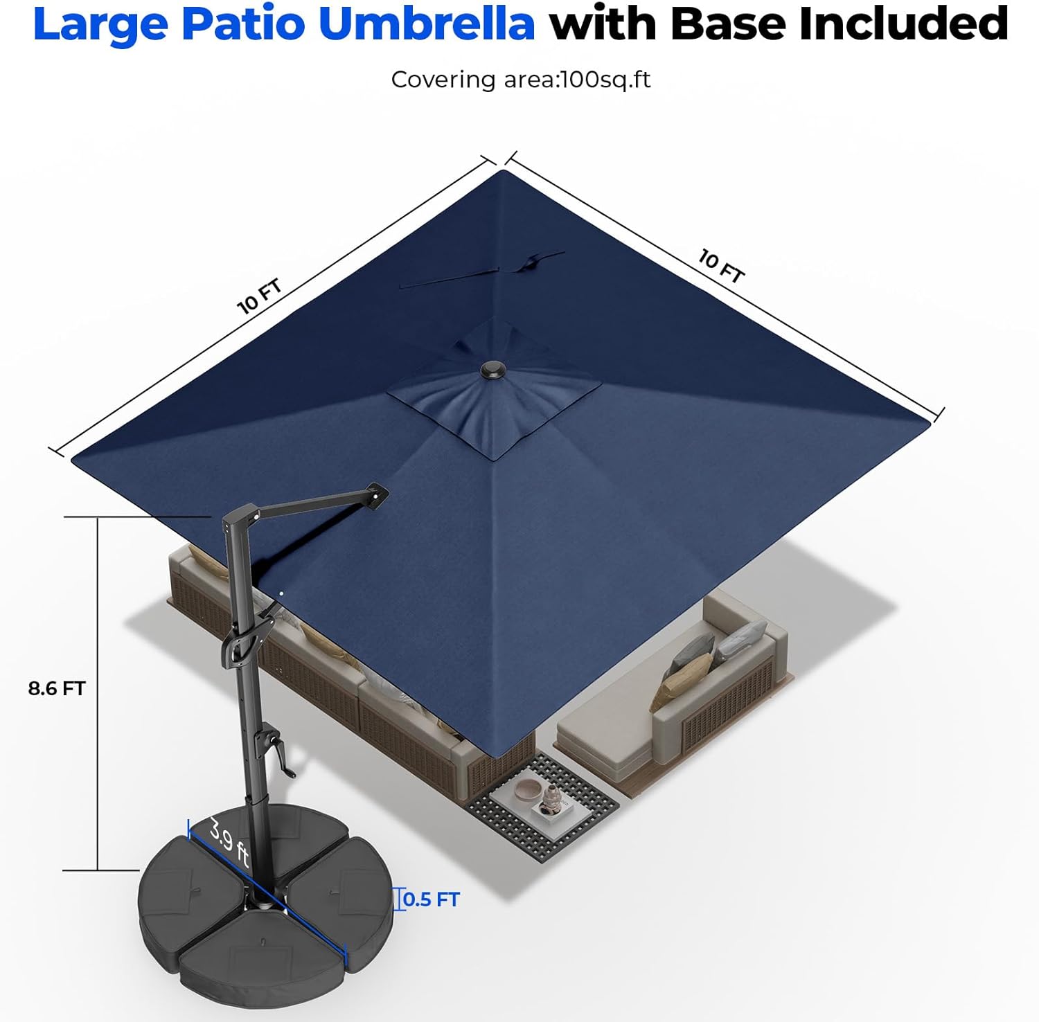 Cantilever Offset Patio Umbrella with Base 360° Rotation, 6 Tilt Positions