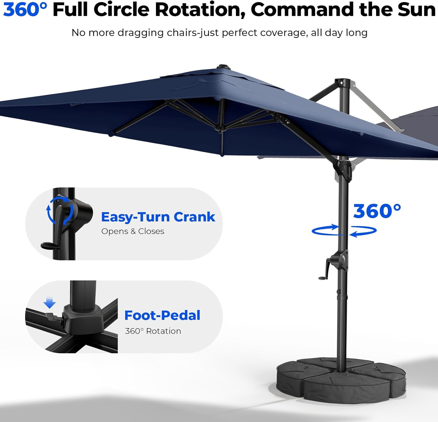 Cantilever Offset Patio Umbrella with Base 360° Rotation, 6 Tilt Positions