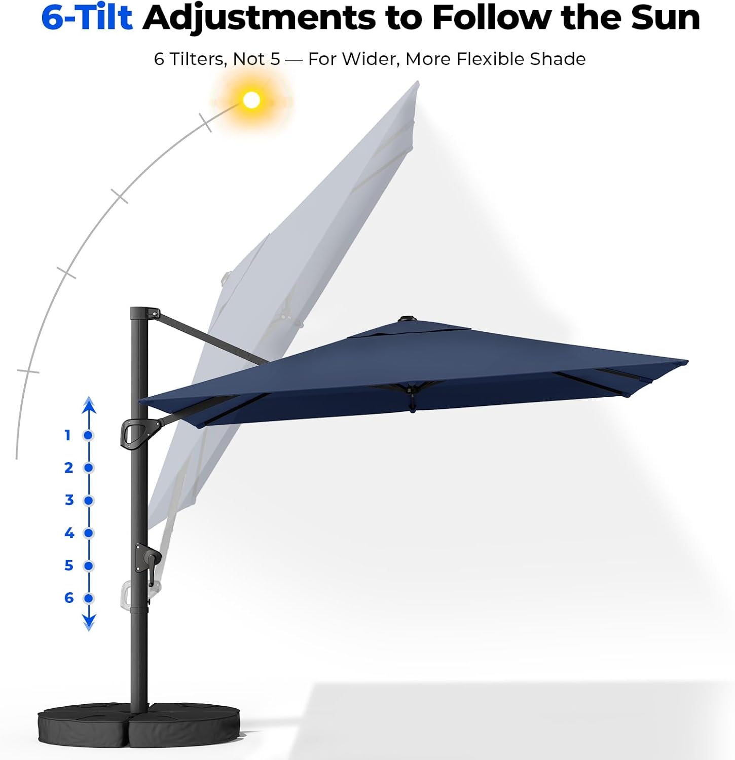 Cantilever Offset Patio Umbrella with Base 360° Rotation, 6 Tilt Positions