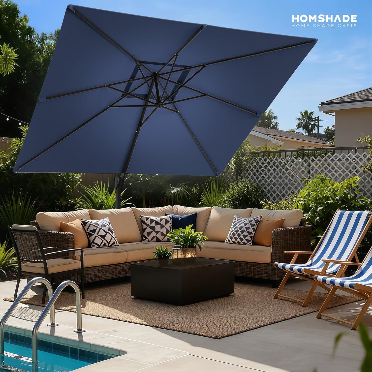 Cantilever Offset Patio Umbrella with Base 360° Rotation, 6 Tilt Positions
