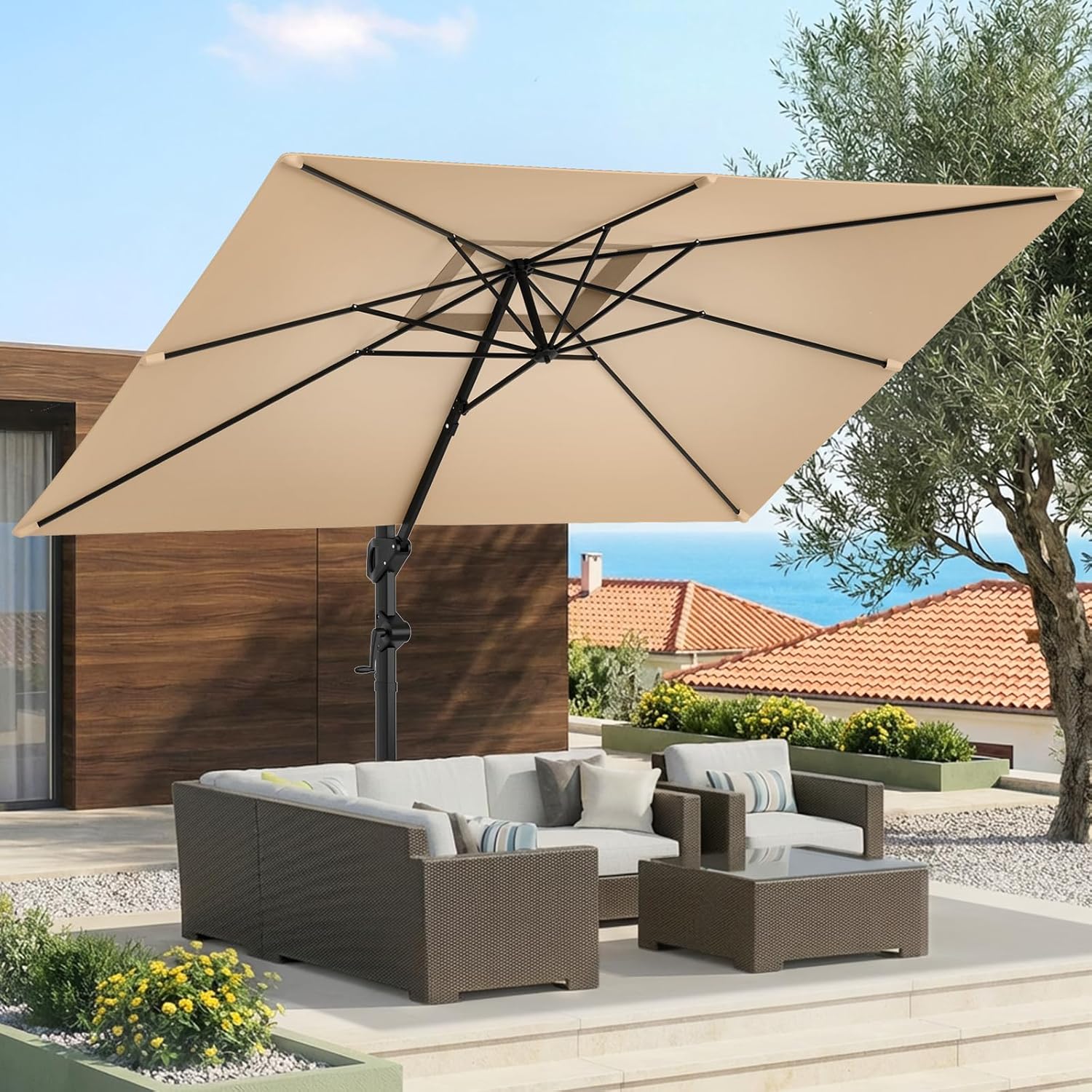 Cantilever Offset Patio Umbrella with Base 360° Rotation, 6 Tilt Positions