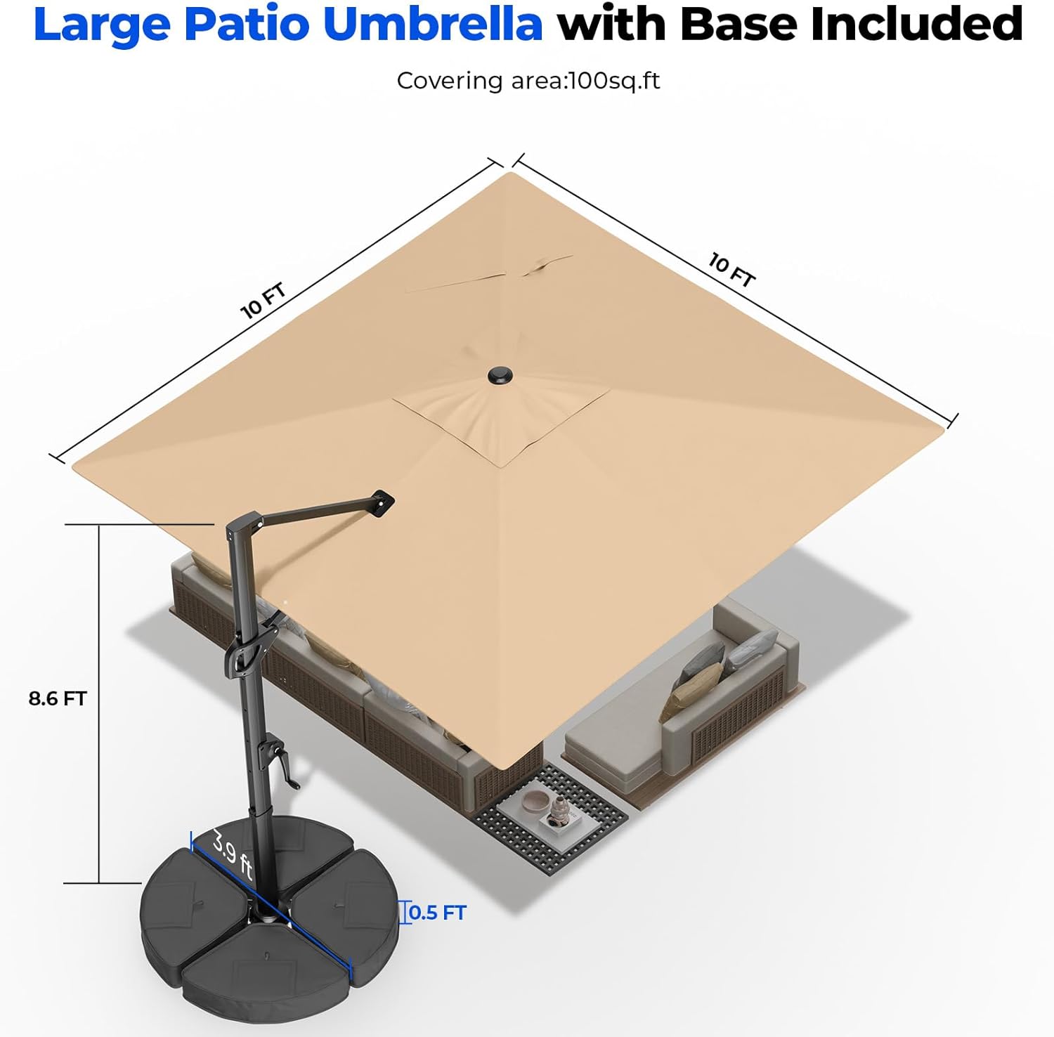 Cantilever Offset Patio Umbrella with Base 360° Rotation, 6 Tilt Positions