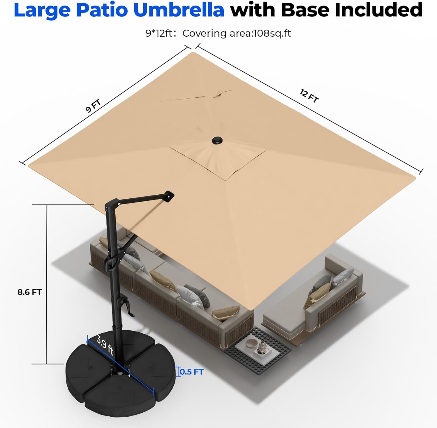 Cantilever Offset Patio Umbrella with Base 360° Rotation, 6 Tilt Positions