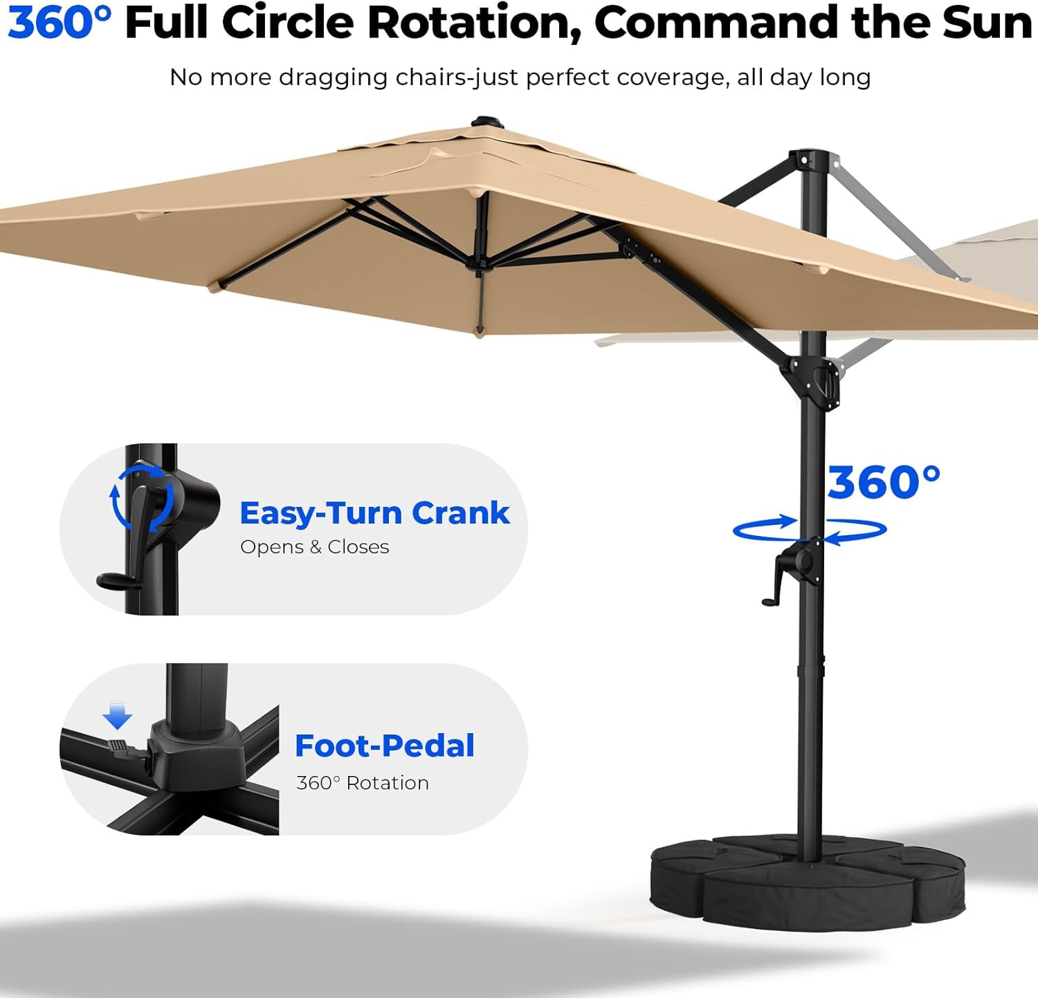 Cantilever Offset Patio Umbrella with Base 360° Rotation, 6 Tilt Positions