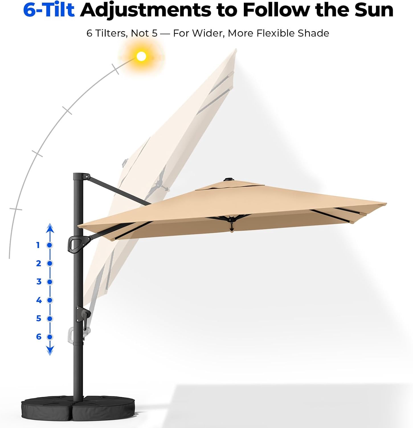 Cantilever Offset Patio Umbrella with Base 360° Rotation, 6 Tilt Positions