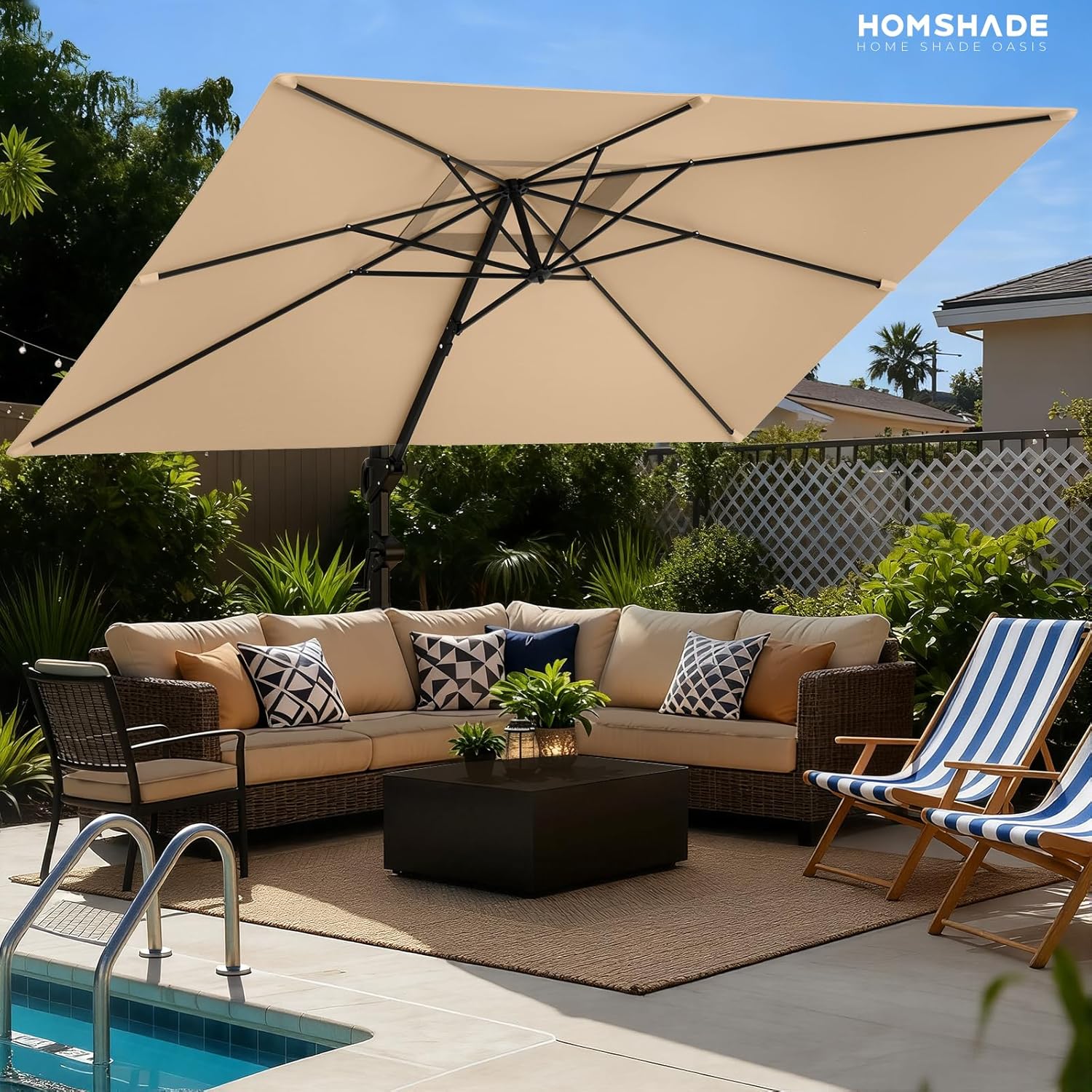 Cantilever Offset Patio Umbrella with Base 360° Rotation, 6 Tilt Positions