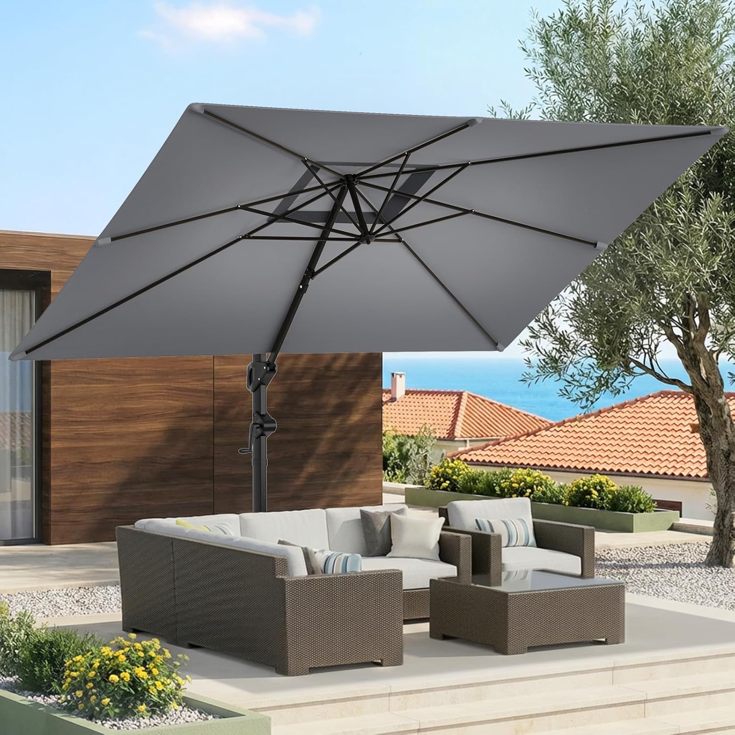 HY31MB Cantilever Patio Umbrella with Base, 360° Rotation Heavy Duty Aluminum Large Offset Umbrella