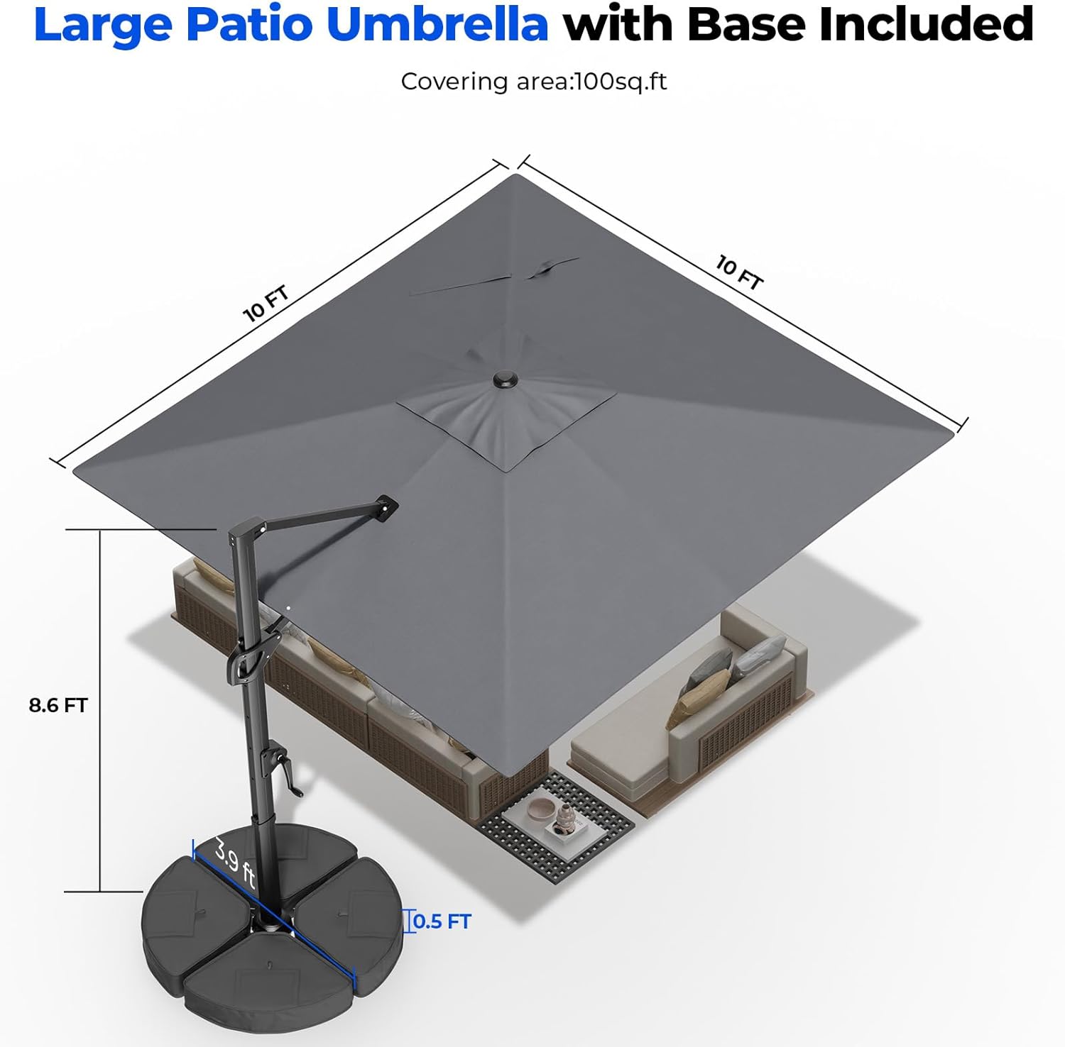 HY31MB Cantilever Patio Umbrella with Base, 360° Rotation Heavy Duty Aluminum Large Offset Umbrella
