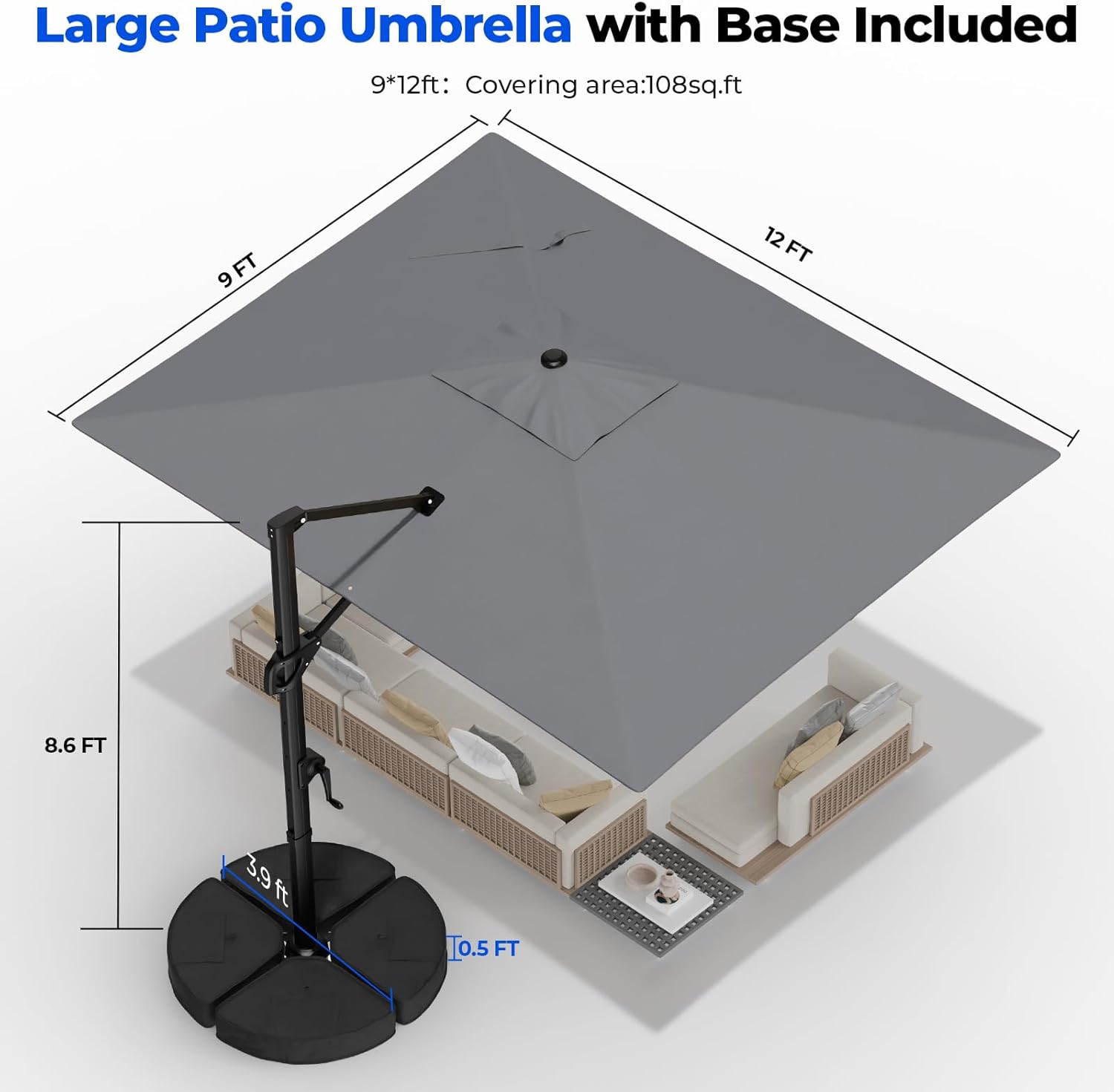 HY31MB Cantilever Patio Umbrella with Base, 360° Rotation Heavy Duty Aluminum Large Offset Umbrella
