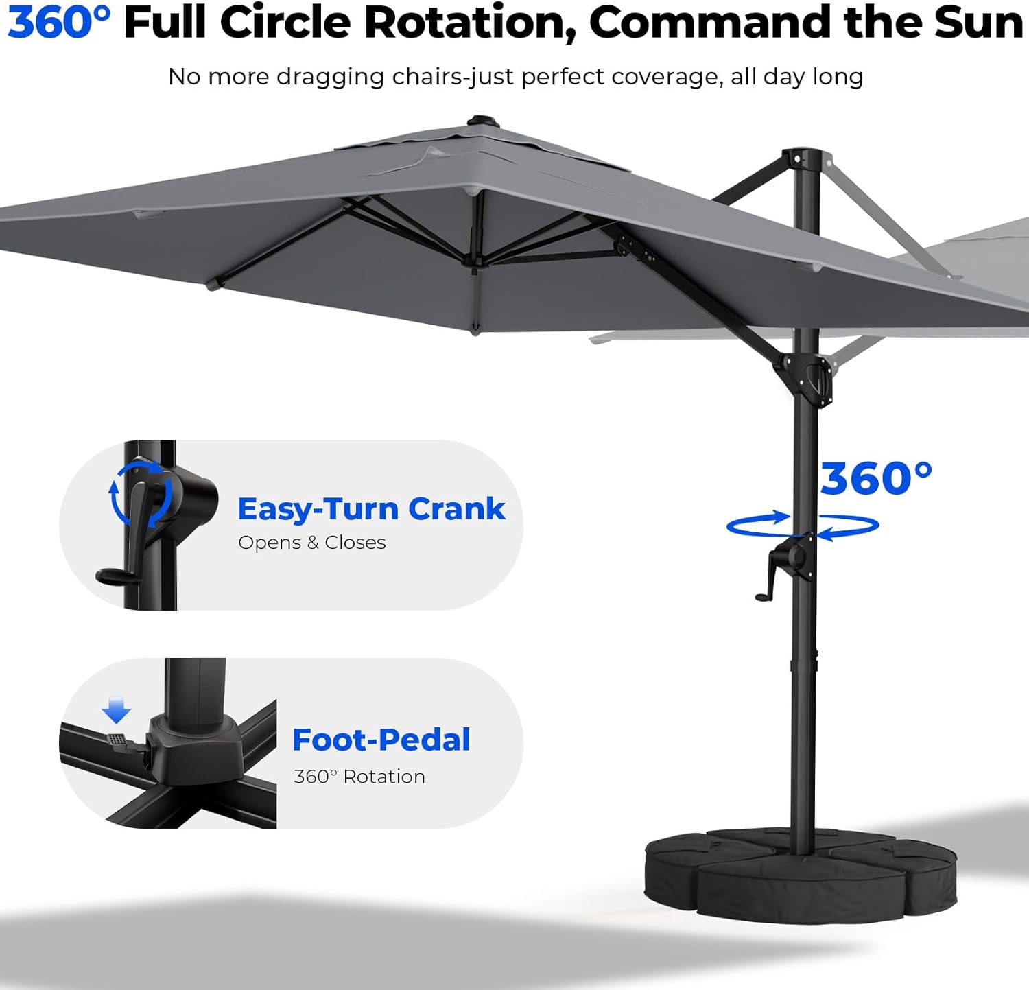 HY31MB Cantilever Patio Umbrella with Base, 360° Rotation Heavy Duty Aluminum Large Offset Umbrella