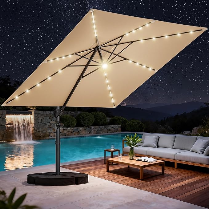 HY31MLB Cantilever Patio Umbrella with Base, 10x10 ft Square Solar LED Large Offset Umbrella