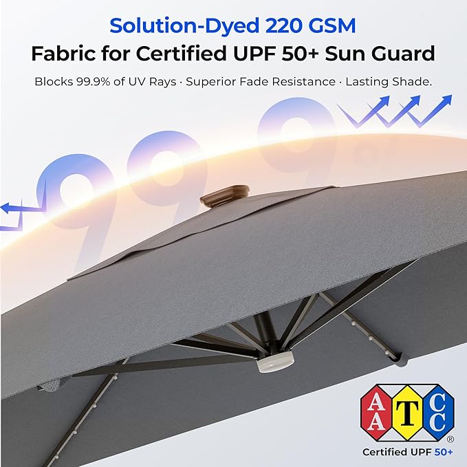 HY31MLB Cantilever Patio Umbrella with Base, 10x10 ft Square Solar LED Large Offset Umbrella