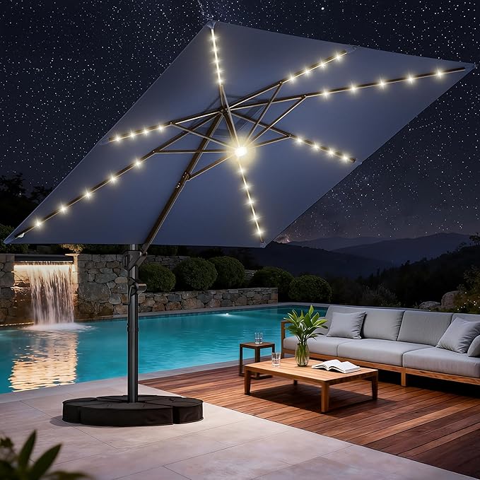 HY31MLB Cantilever Patio Umbrella with Base, 10x10 ft Square Solar LED Large Offset Umbrella