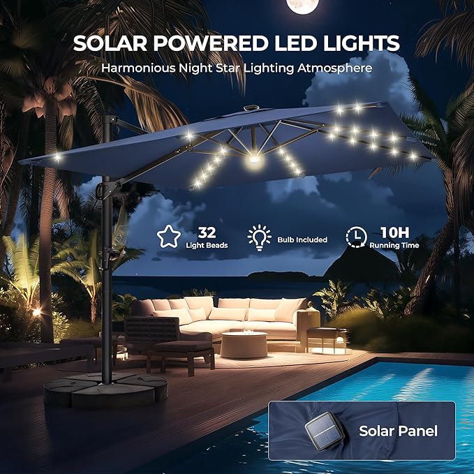 HY31MLB Cantilever Patio Umbrella with Base, 10x10 ft Square Solar LED Large Offset Umbrella