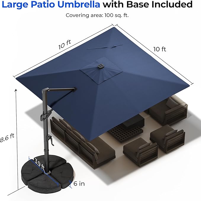 HY31MLB Cantilever Patio Umbrella with Base, 10x10 ft Square Solar LED Large Offset Umbrella