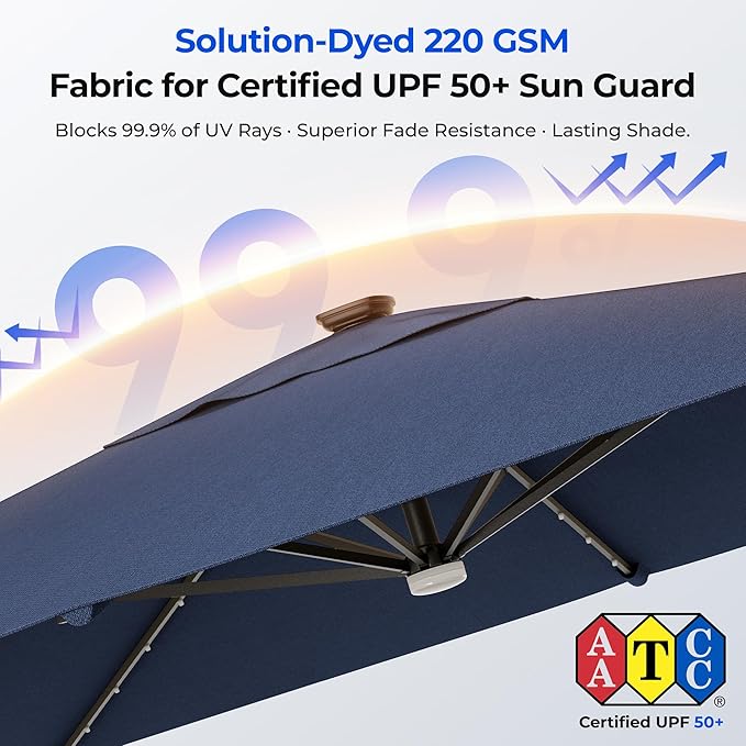 HY31MLB Cantilever Patio Umbrella with Base, 10x10 ft Square Solar LED Large Offset Umbrella