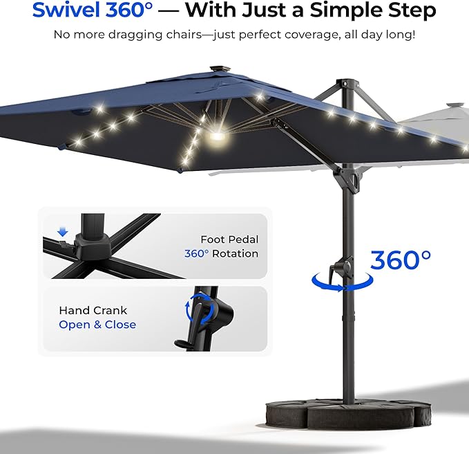 HY31MLB Cantilever Patio Umbrella with Base, 10x10 ft Square Solar LED Large Offset Umbrella