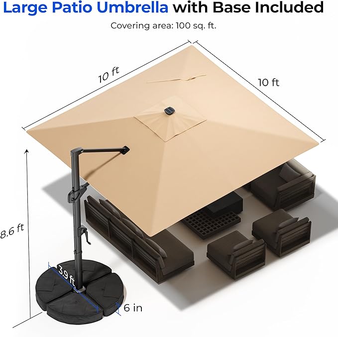 HY31MLB Cantilever Patio Umbrella with Base, 10x10 ft Square Solar LED Large Offset Umbrella
