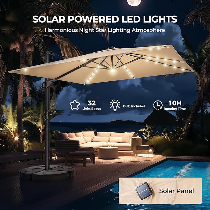 HY31MLB Cantilever Patio Umbrella with Base, 10x10 ft Square Solar LED Large Offset Umbrella