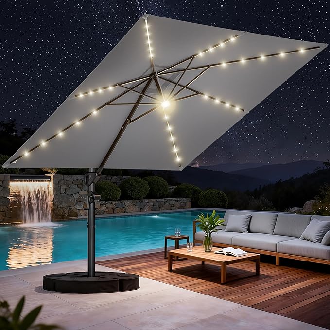 HY31MLB Cantilever Patio Umbrella with Base, 10x10 ft Square Solar LED Large Offset Umbrella