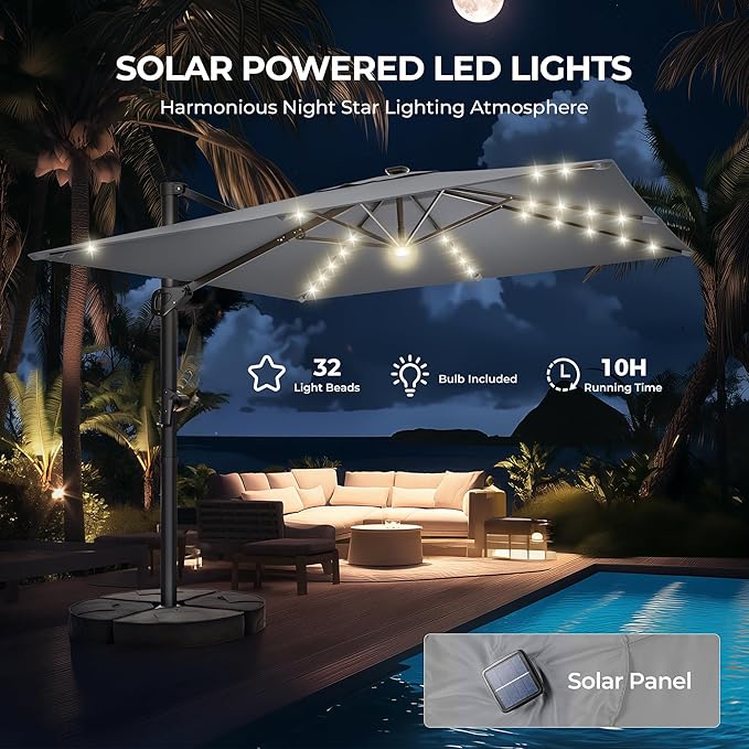 HY31MLB Cantilever Patio Umbrella with Base, 10x10 ft Square Solar LED Large Offset Umbrella