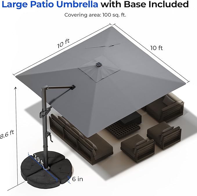 HY31MLB Cantilever Patio Umbrella with Base, 10x10 ft Square Solar LED Large Offset Umbrella