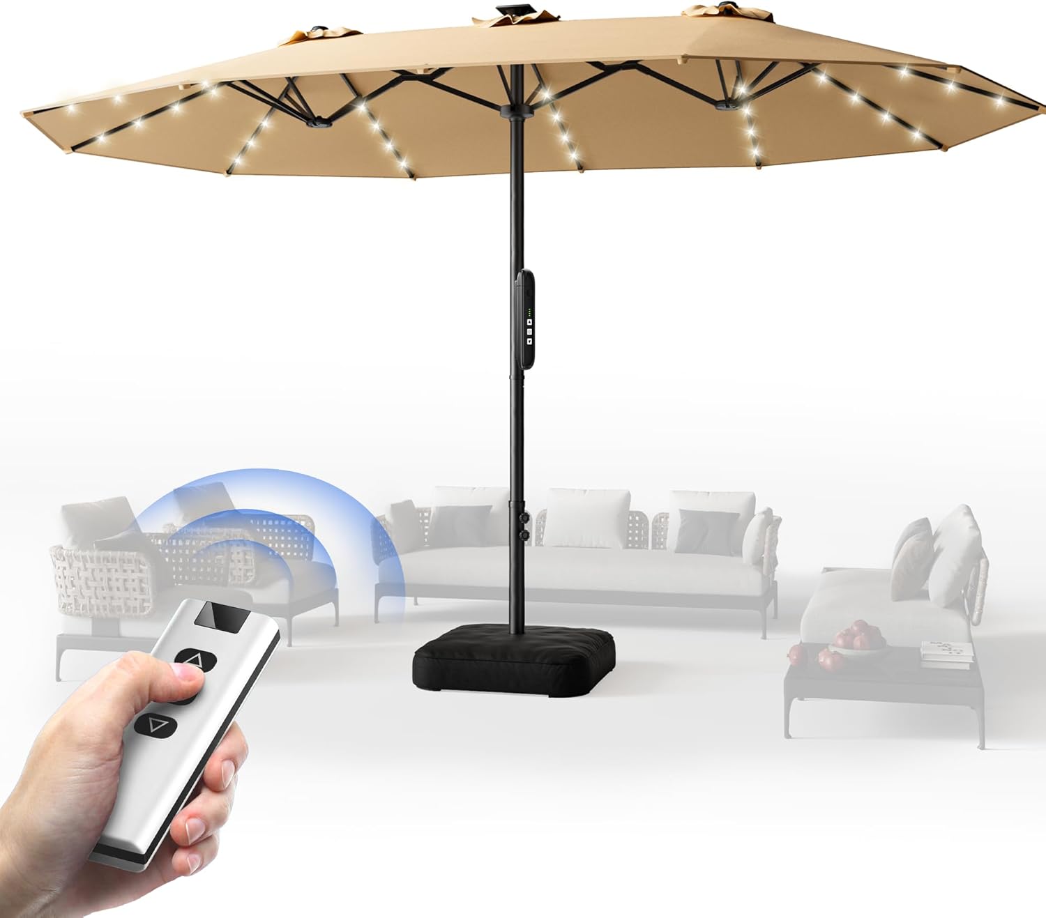 HY41ELB Double Sided Patio Umbrella with Base, Motorized Remote Control 15FT Large Outdoor Umbrella
