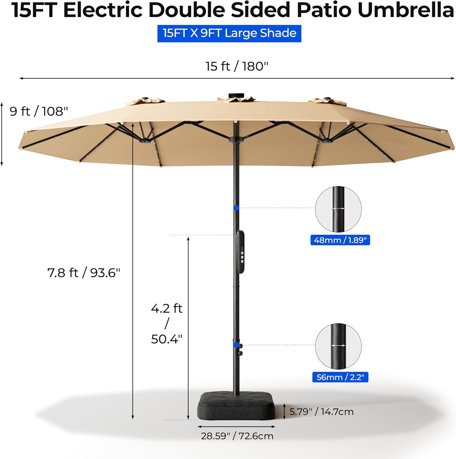 HY41ELB Double Sided Patio Umbrella with Base, Motorized Remote Control 15FT Large Outdoor Umbrella