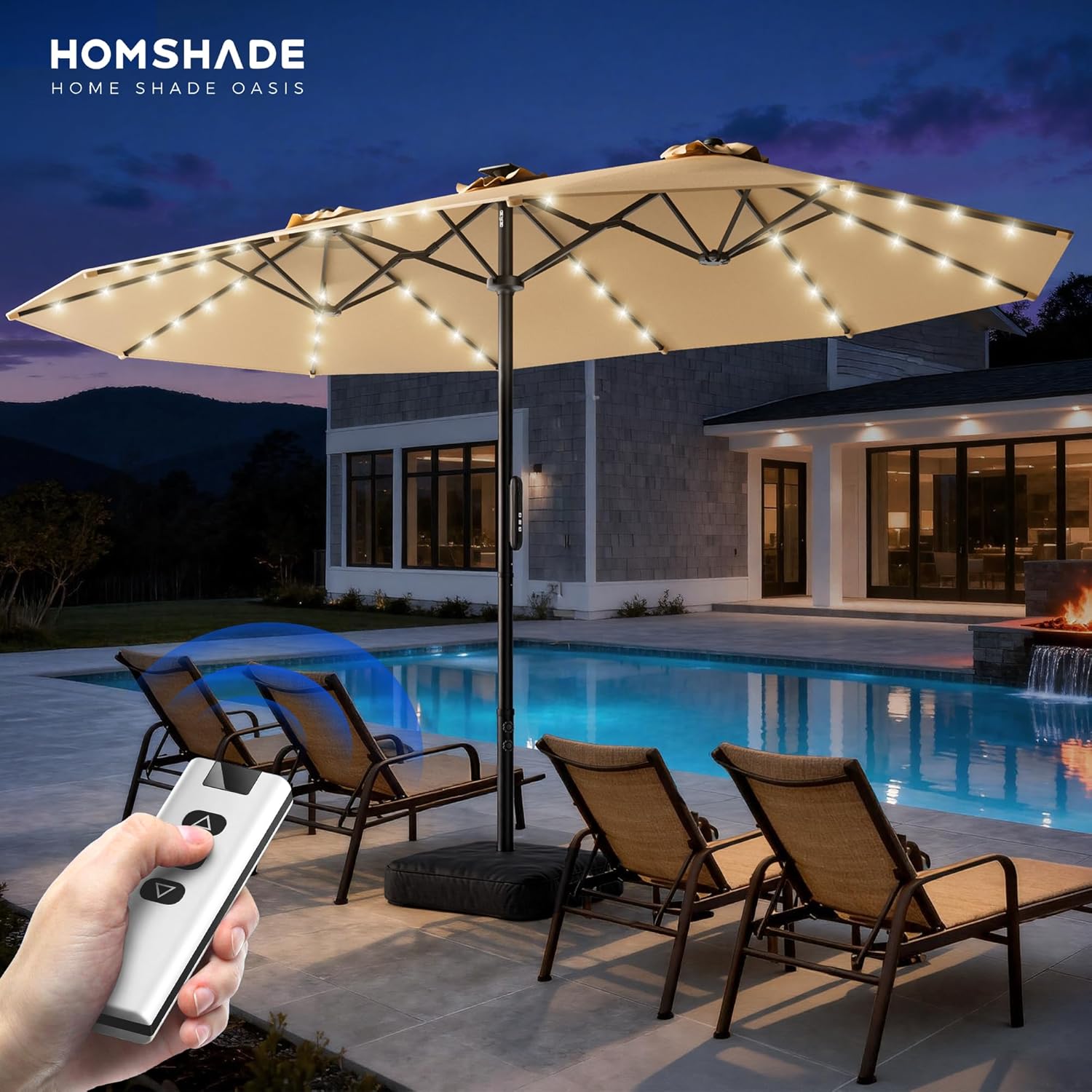 HY41ELB Double Sided Patio Umbrella with Base, Motorized Remote Control 15FT Large Outdoor Umbrella