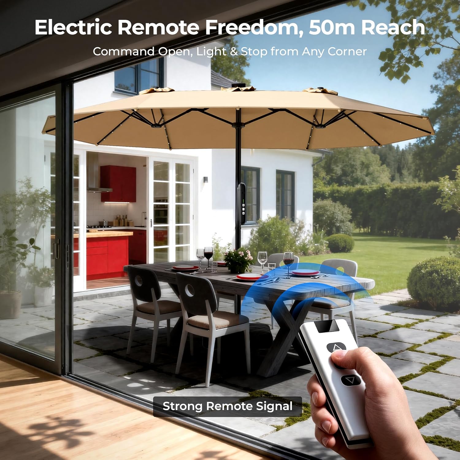 HY41ELB Double Sided Patio Umbrella with Base, Motorized Remote Control 15FT Large Outdoor Umbrella