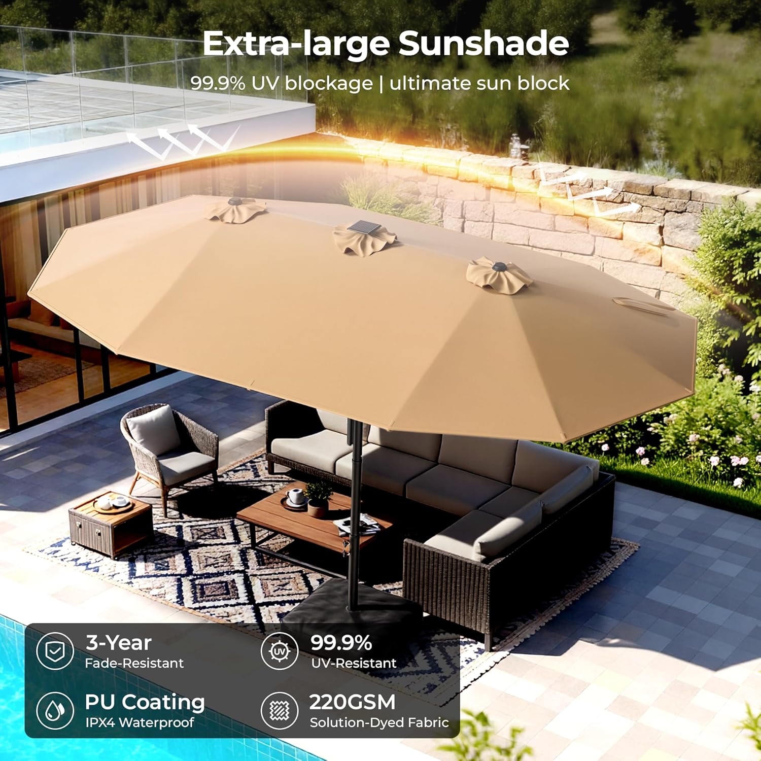 HY41ELB Double Sided Patio Umbrella with Base, Motorized Remote Control 15FT Large Outdoor Umbrella