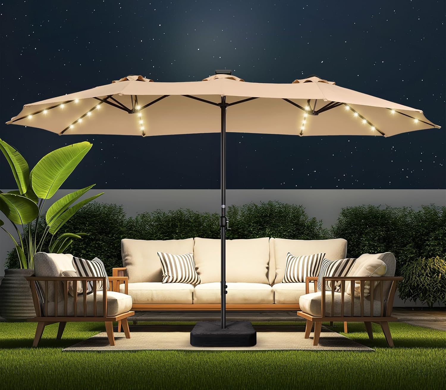 Dual-Sided Patio Umbrella, Solar LED Lights, Extra Large Market Umbrella with Base Included