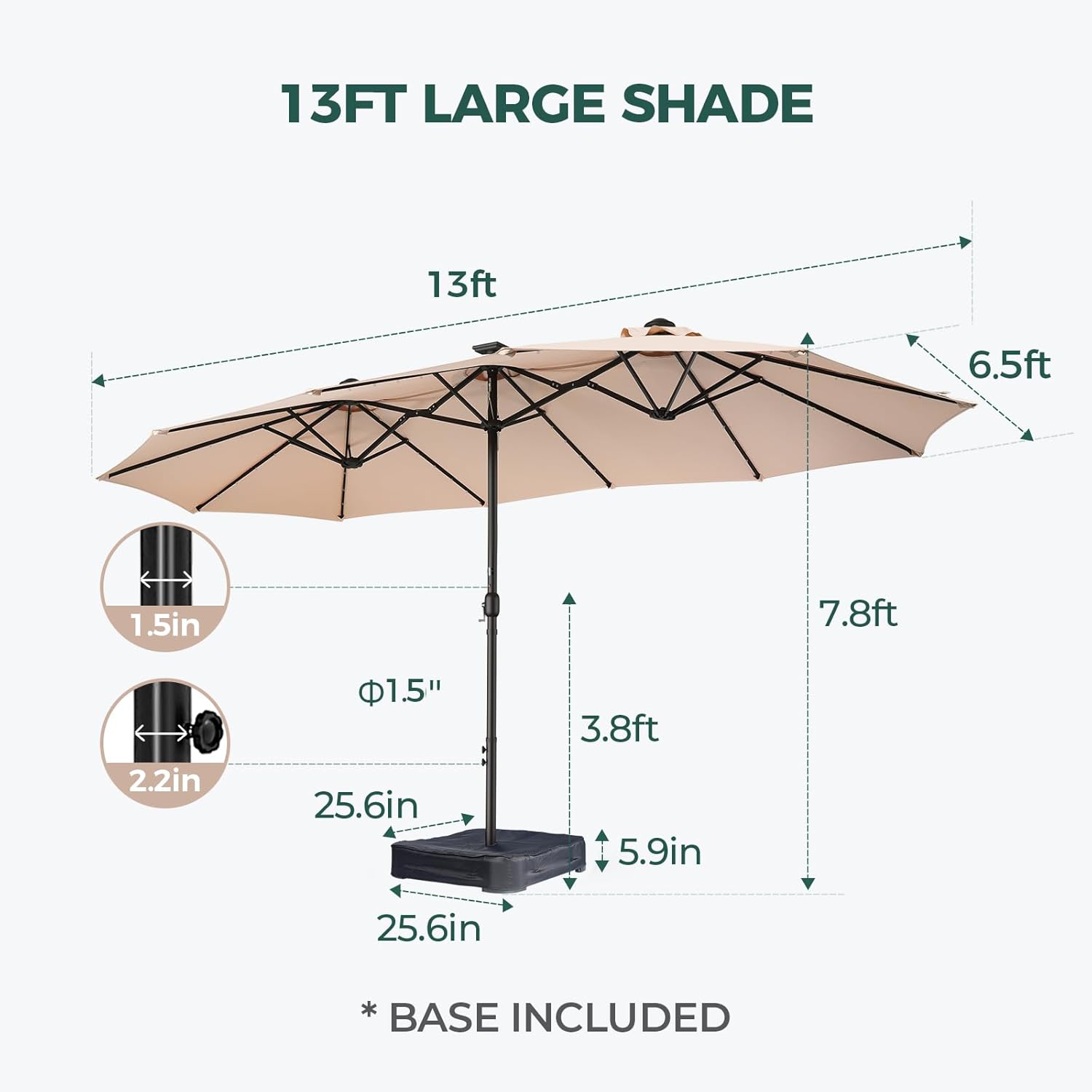 Dual-Sided Patio Umbrella, Solar LED Lights, Extra Large Market Umbrella with Base Included