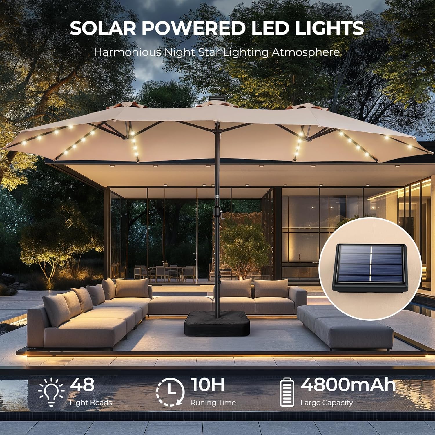 Dual-Sided Patio Umbrella, Solar LED Lights, Extra Large Market Umbrella with Base Included