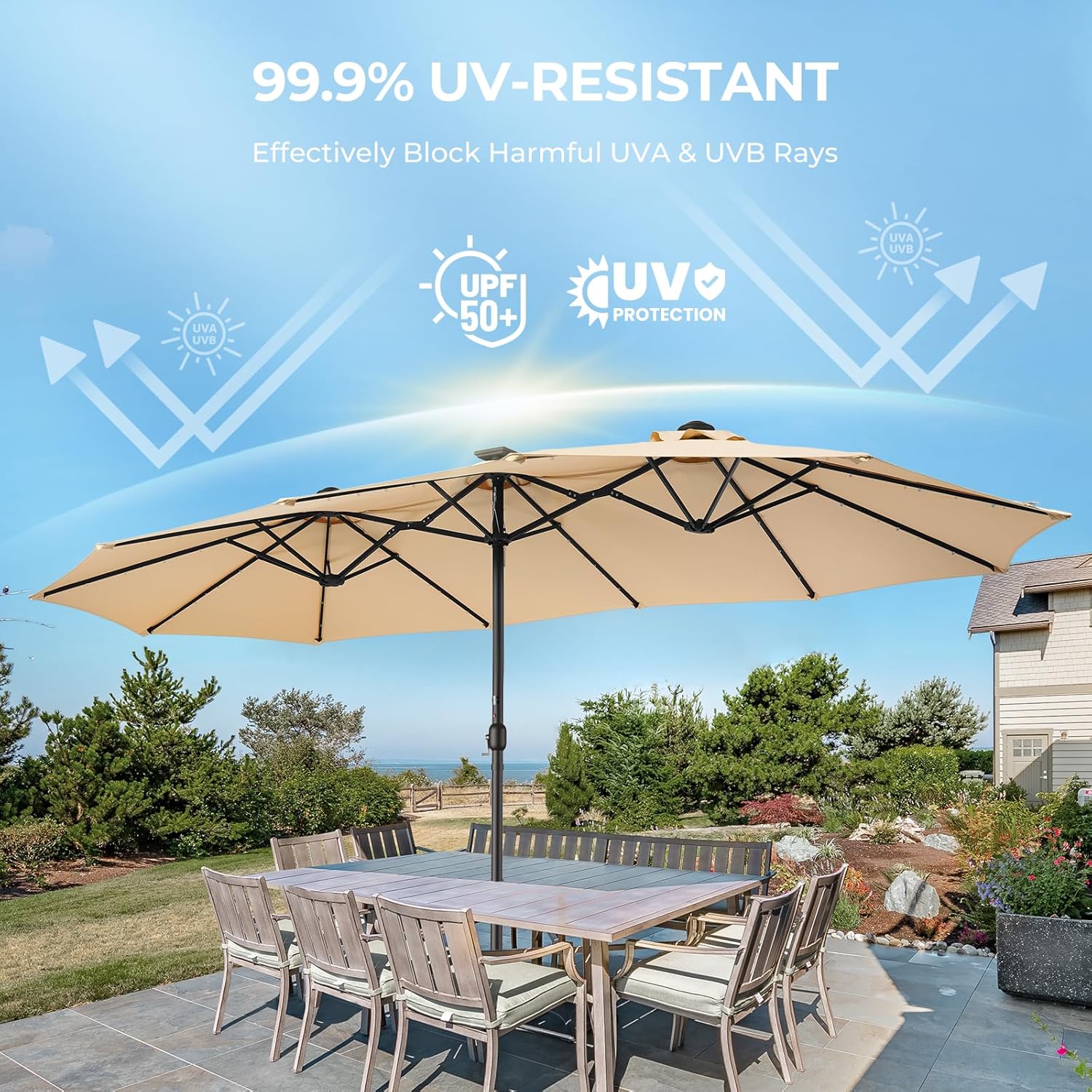 Dual-Sided Patio Umbrella, Solar LED Lights, Extra Large Market Umbrella with Base Included