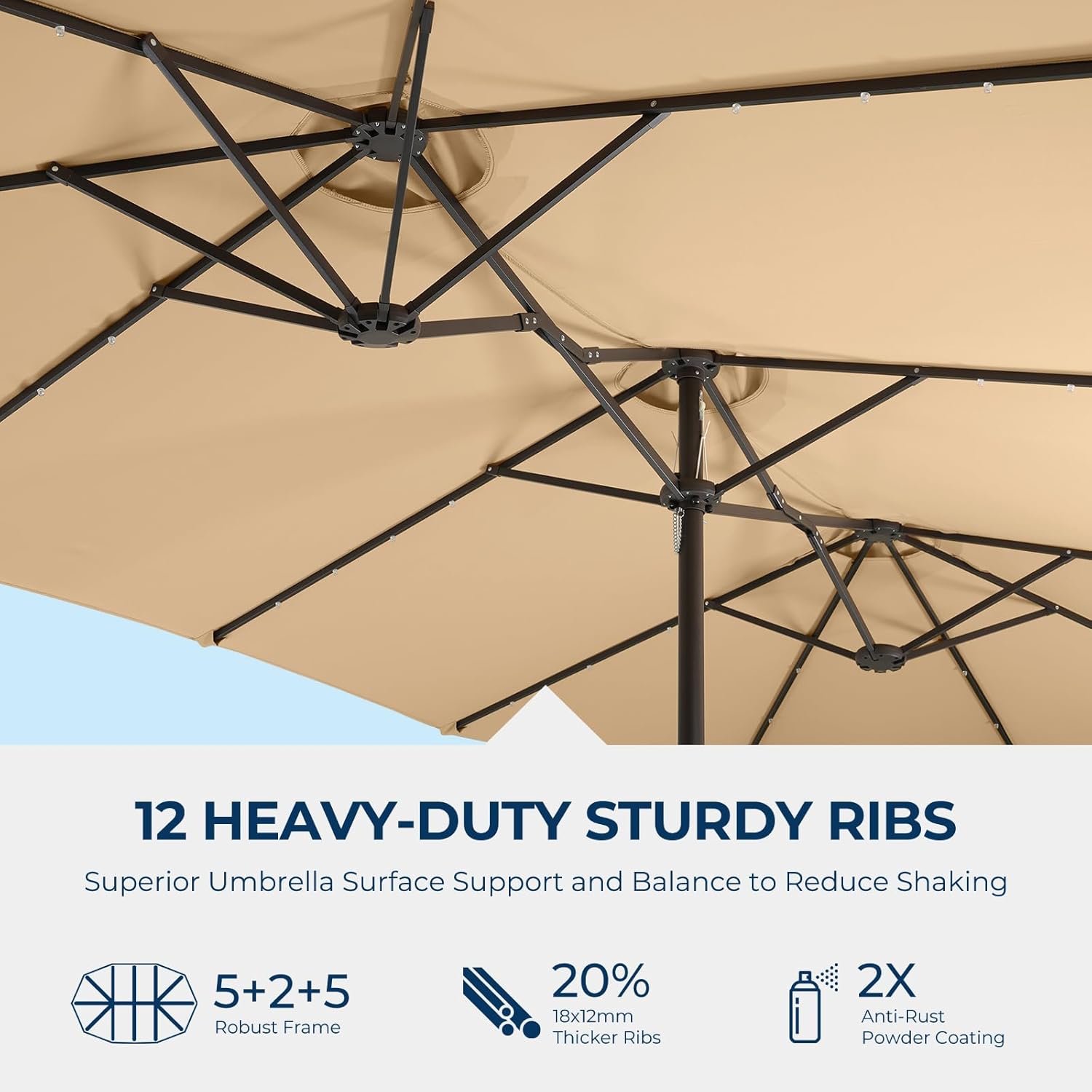 Dual-Sided Patio Umbrella, Solar LED Lights, Extra Large Market Umbrella with Base Included