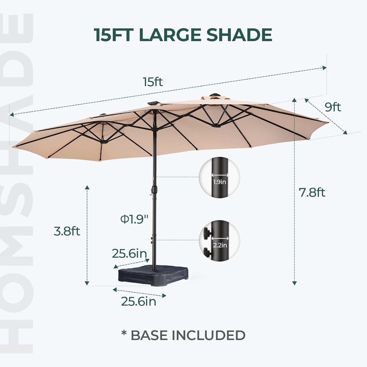 Dual-Sided Patio Umbrella, Solar LED Lights, Extra Large Market Umbrella with Base Included