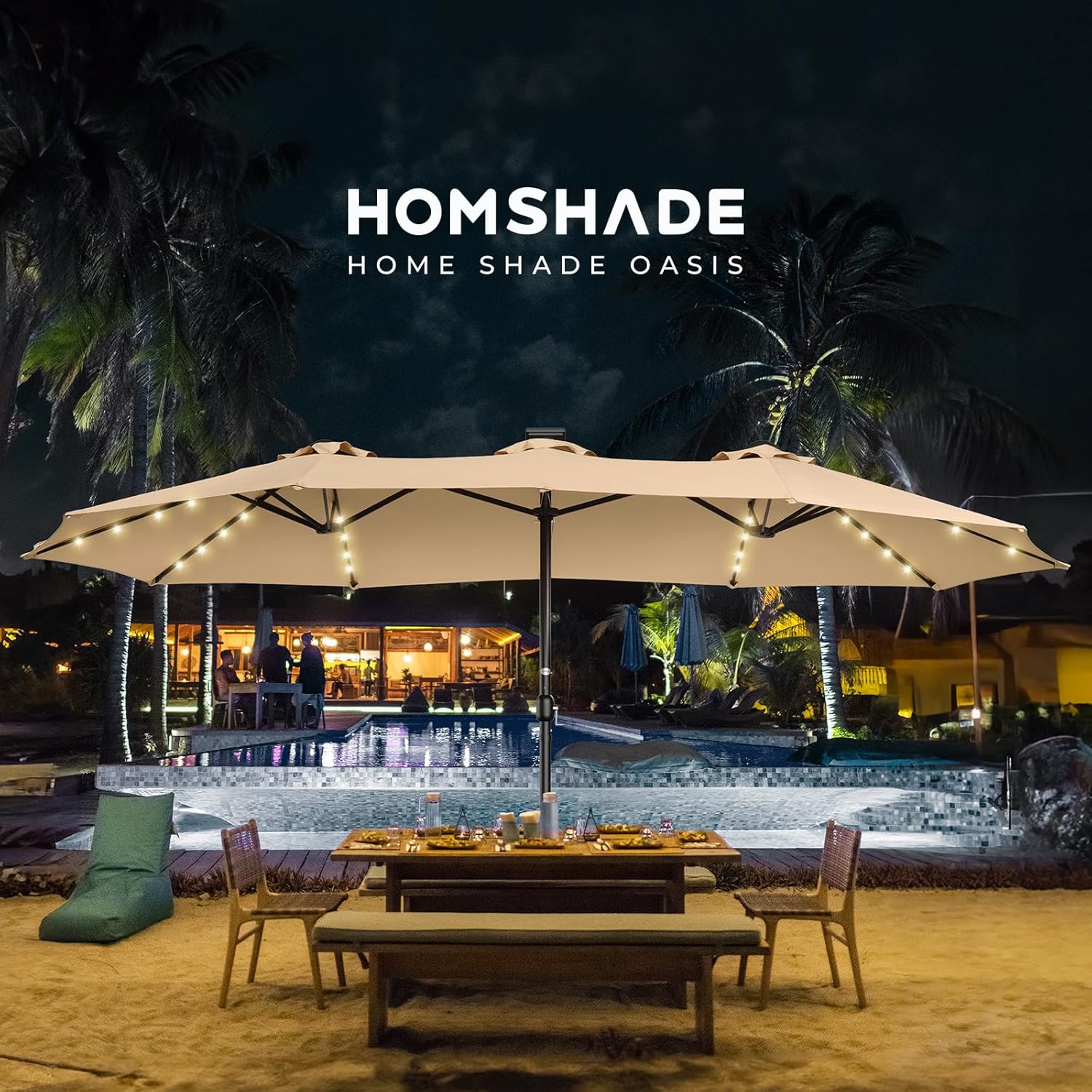 Dual-Sided Patio Umbrella, Solar LED Lights, Extra Large Market Umbrella with Base Included