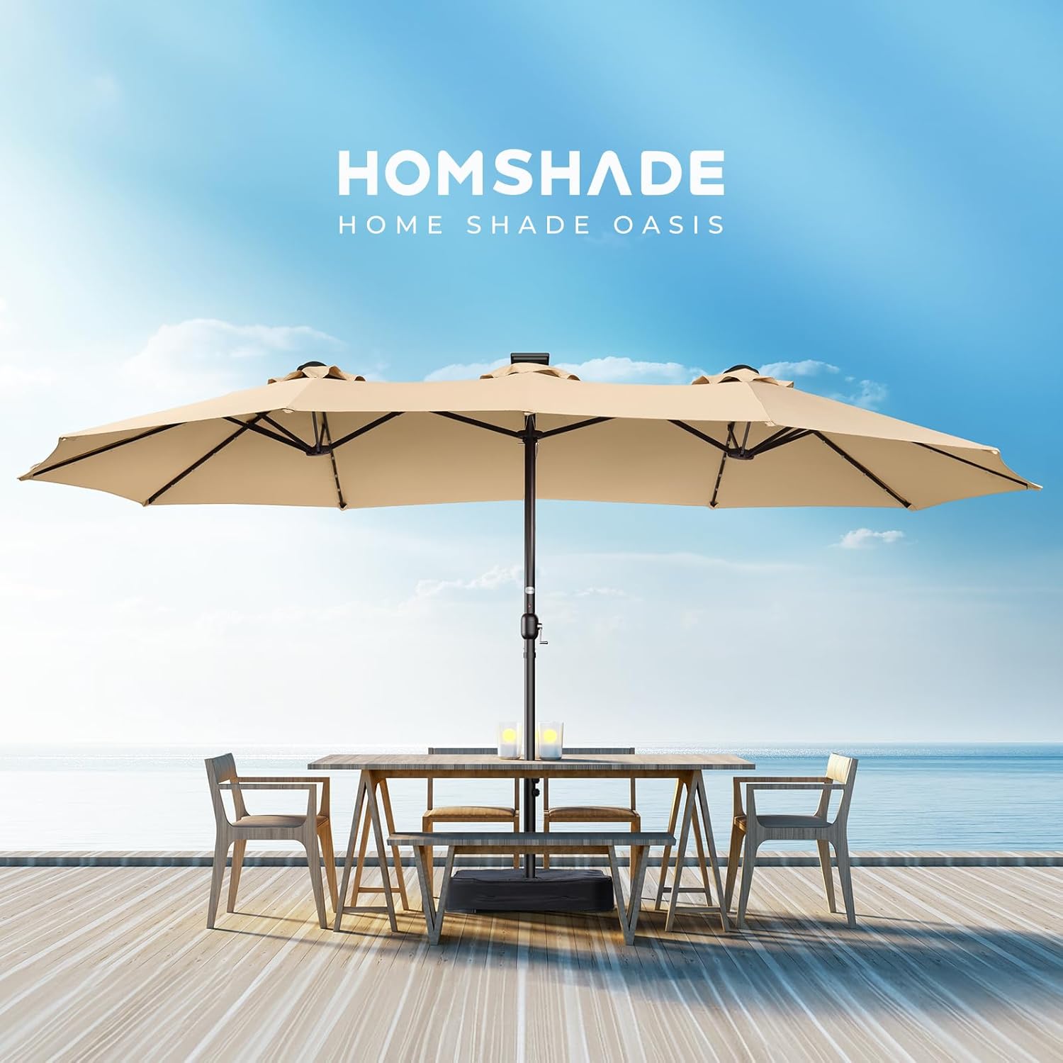 Dual-Sided Patio Umbrella, Solar LED Lights, Extra Large Market Umbrella with Base Included