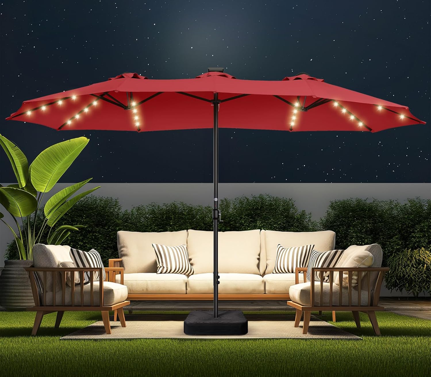Dual-Sided Patio Umbrella, Solar LED Lights, Extra Large Market Umbrella with Base Included