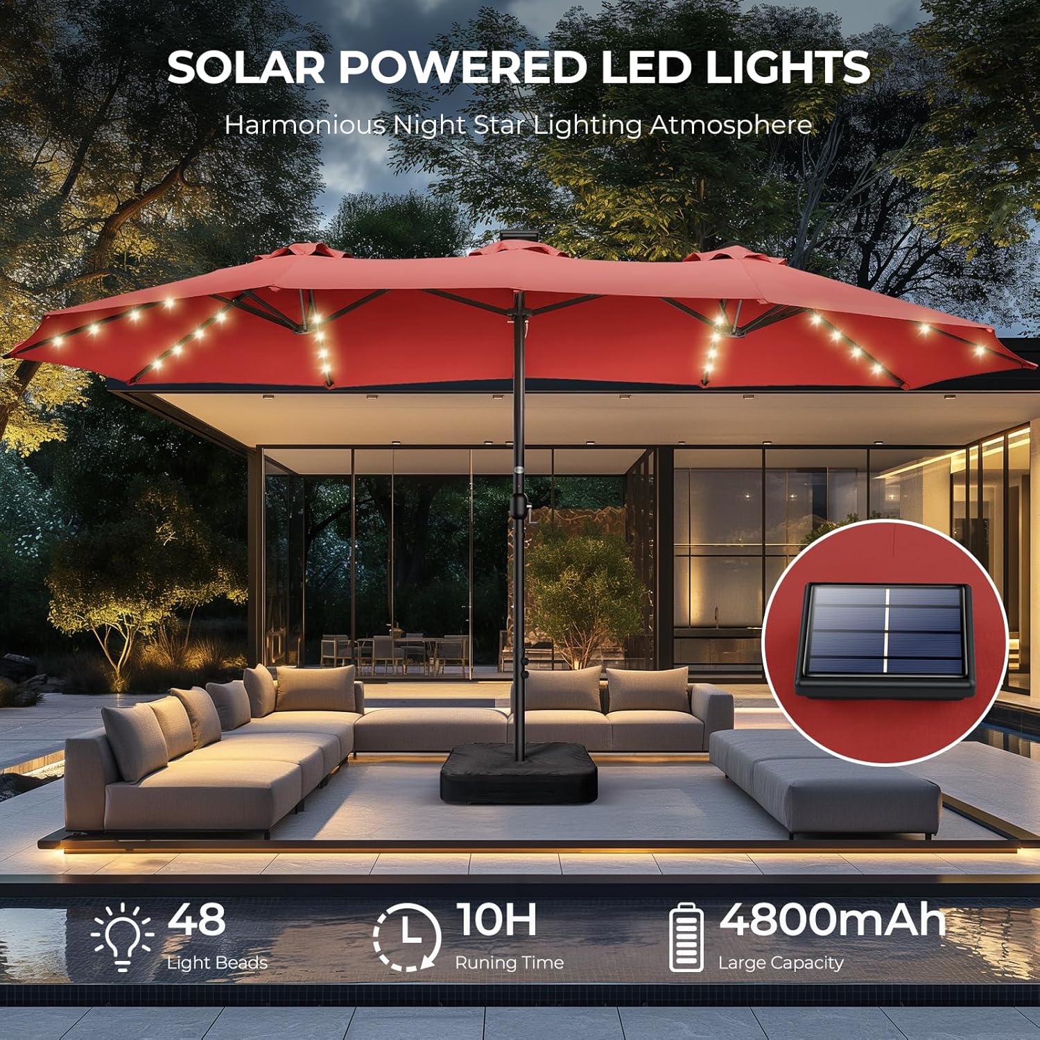 Dual-Sided Patio Umbrella, Solar LED Lights, Extra Large Market Umbrella with Base Included