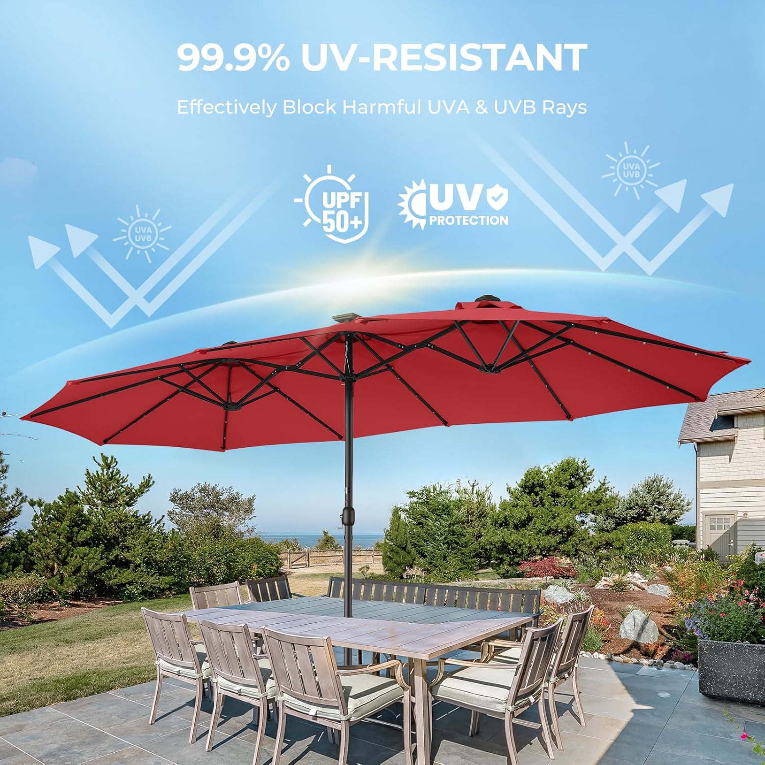 Dual-Sided Patio Umbrella, Solar LED Lights, Extra Large Market Umbrella with Base Included