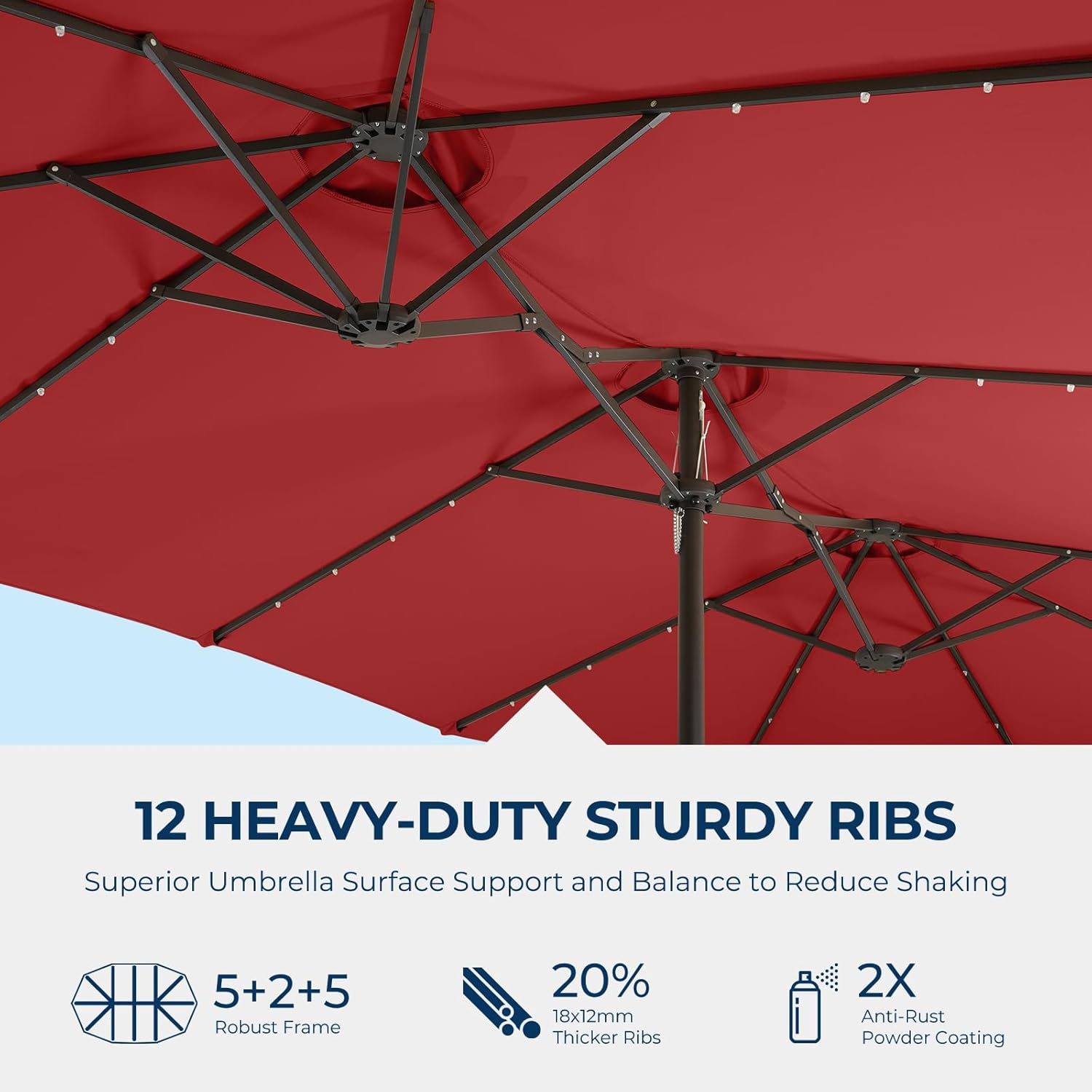 Dual-Sided Patio Umbrella, Solar LED Lights, Extra Large Market Umbrella with Base Included