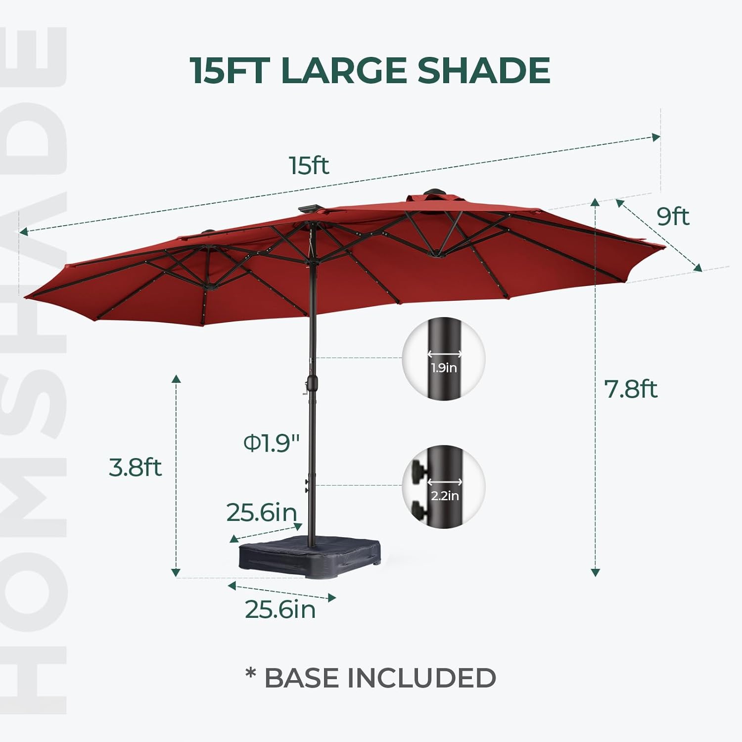 Dual-Sided Patio Umbrella, Solar LED Lights, Extra Large Market Umbrella with Base Included