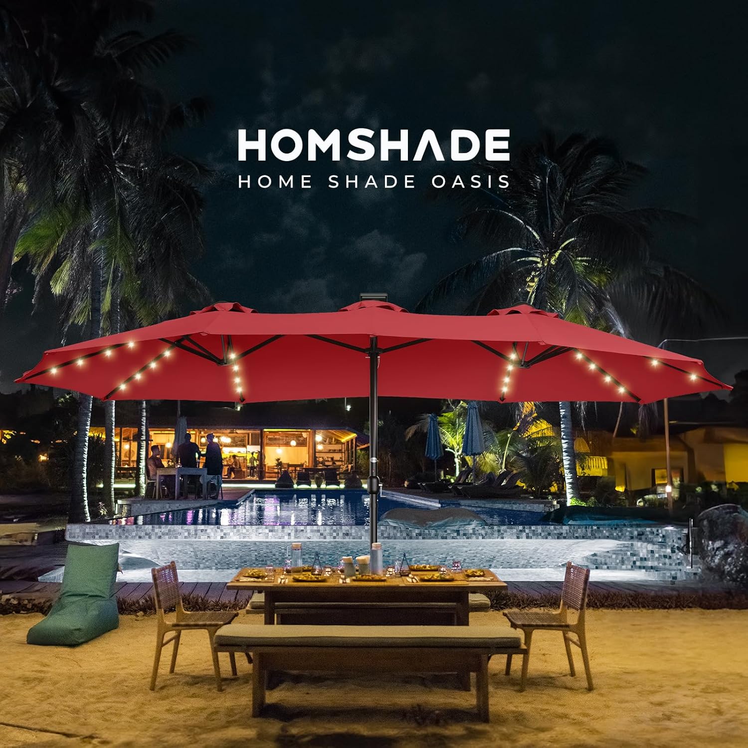 Dual-Sided Patio Umbrella, Solar LED Lights, Extra Large Market Umbrella with Base Included