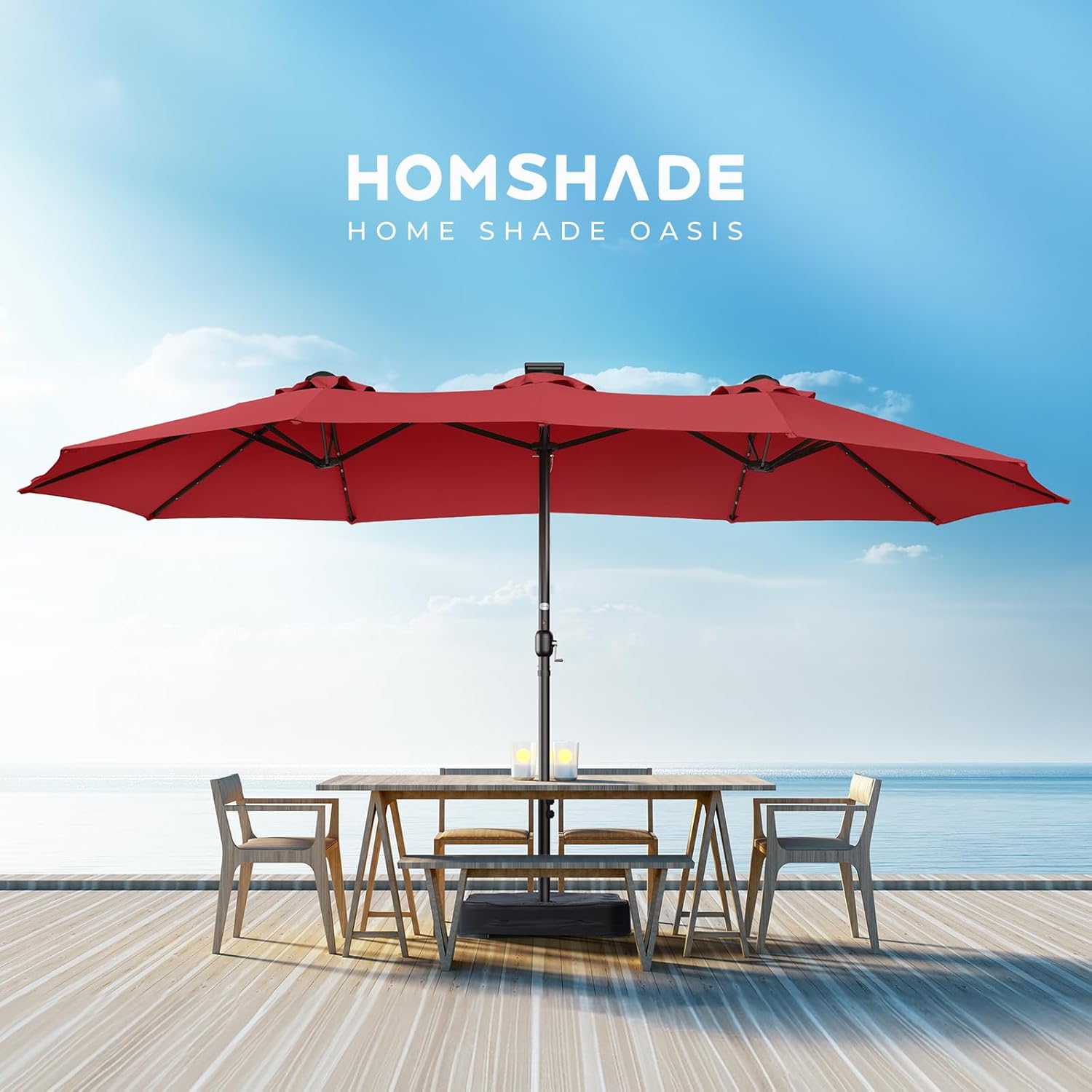 Dual-Sided Patio Umbrella, Solar LED Lights, Extra Large Market Umbrella with Base Included