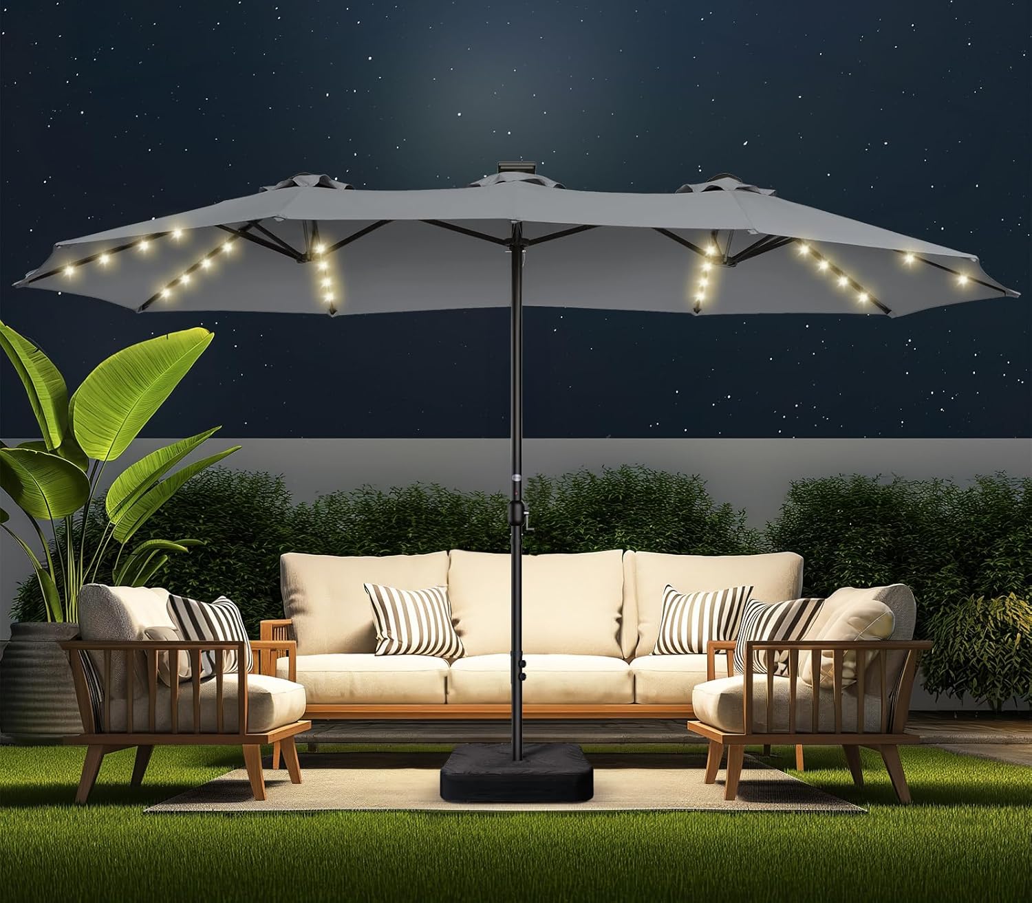 Dual-Sided Patio Umbrella, Solar LED Lights, Extra Large Market Umbrella with Base Included