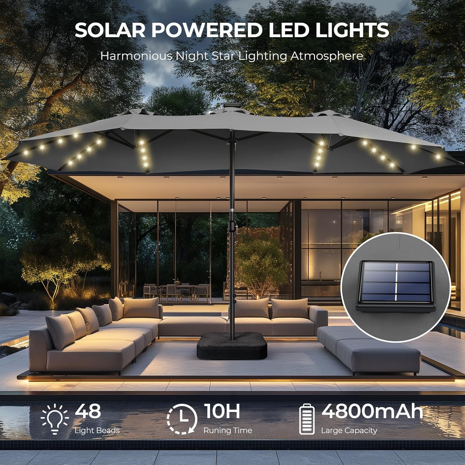 Dual-Sided Patio Umbrella, Solar LED Lights, Extra Large Market Umbrella with Base Included