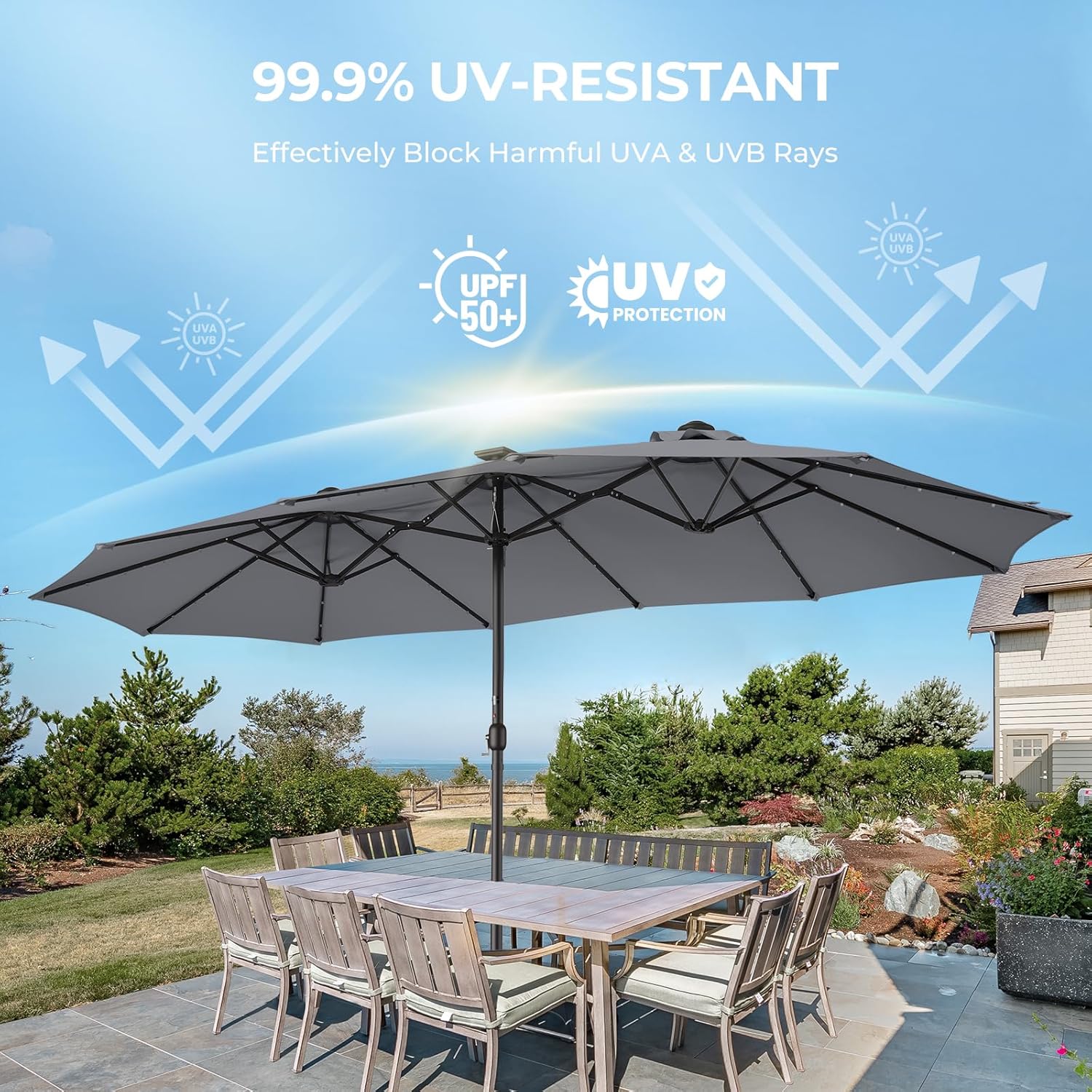 Dual-Sided Patio Umbrella, Solar LED Lights, Extra Large Market Umbrella with Base Included